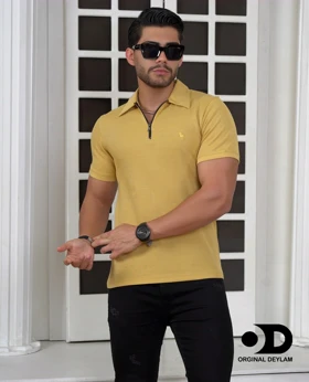 تیشرت نیم زیپ مردانه خردلی پارچه پنبه کبریتی خنک اعلا قواره اسلیم فیت