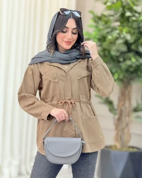 مانتو کتان کمرگت سرجیب مثلثی