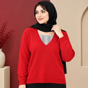بلوز بافت وارداتی یقه هفت گیپور دار کد 6083 (قرمز)