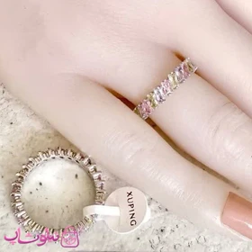 انگشتر زنانه ژوپینگ مدل تنیسی نقره ای با نگینهای سفید صورتی کد 5491