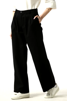 شلوار کتان پیلی دار نیم بگ زنانه