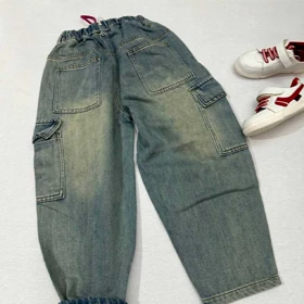 شلوار جین سنگ شور شده مام 6 جیب بند صورتی