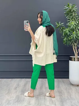 ست مانتو و شلوار لینن پانچ بغل ریش