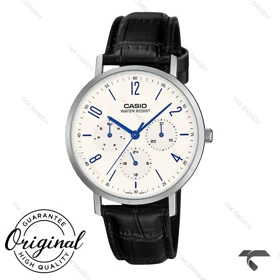 ساعت مردانه کاسیو MTP-VT06L-7B سه موتوره مشکی صفحه سفید بند چرم Casio-10793-G
