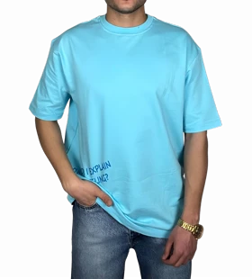 تیشرت آستین کوتاه مردانه آبی با چاپ نوشته آبی