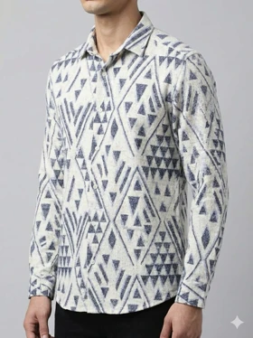 پیراهن کنفی مردانه آستین بلند طرحدار سفید سرمه ای کد 701