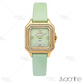 ساعت الکسا اسپشیال A2019 زنانه طلایی سبز دور نگین بند چرمی 106213