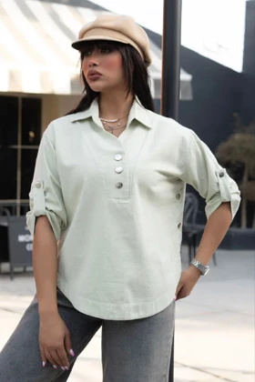 بلوز کتان زنانه مدل یقه 3 دکمه قد 65