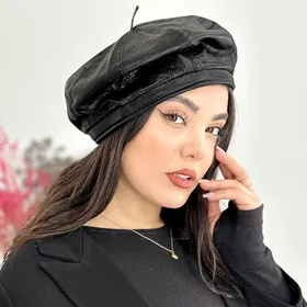 کلاه فرانسوی چرمی مشکی زنانه دخترانه مدل هشت تکه
