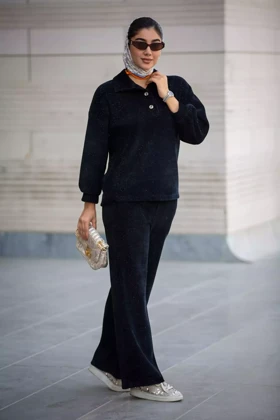 هودی لمزور یقه شکاری (ست پاییزه) (مشکی)