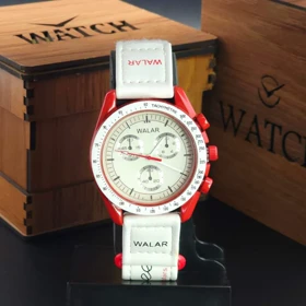 ساعت مچی مردانه و زنانه والار Walar WG0239 8251 طرح اومگا سواچ (سفید با قاب قرمز)