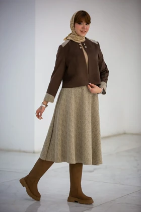 ست کت و دامن کشمیر ترکیبی (قهوه ای)