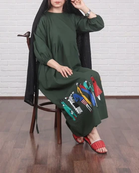 پیراهن لینن چاپ طرح بازار 6146 (سبز یشمی)