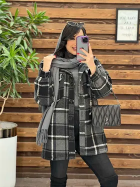پالتو چهارخونه جیب پاکتی داخل خز