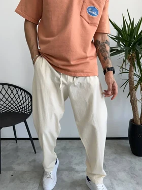 شلوار لینن نیم بگ ZARA رنگ کرم