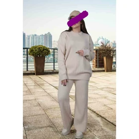 بلوز شلوار ست بافت زنانه لش یقه گرد کد 1195 (کرم)