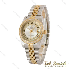 ساعت رولکس زنانه دورنگ طلایی دورنگین صفحه سیلور ایندکس رومی Rolex-5118-M-L