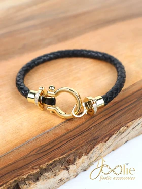 دستبند زنانه چرمی امگا نگین‌دار کد B2224 (مشکی-طلایی)