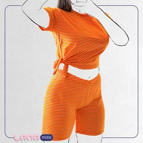 ست کراپ شرتک پنبه سوپر لاکرا گره‌ای رنگ نارنجی راه راه