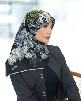 روسری ابریشم توییل دوردستدوز (قواره صد) 30172 (مشکی کرم)