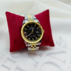 ساعت مچی رولکس Rolex مردانه صفحه مشکی بدنه سفید طلایی