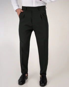 شلوار پارچه ای کمر انگلیسی پارچه مازراتی رنگ سبز فرمی فوق‌العاده شیک