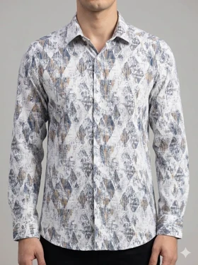 پیراهن مردانه آستین بلند کنفی طرحدار سفید کد 2000