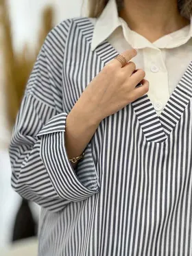 شومیز راه راه ترکیبی جلو بسته