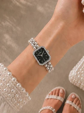 ساعت مچی زنانه نایدو بند مرواریدی استیل کد W518 (مشکی)