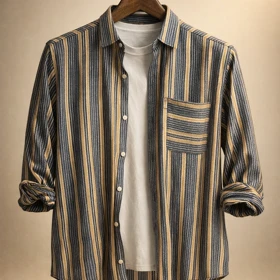 پیراهن مردانه راه راه بافتدار خاکستری تیره با رگههای بژ و طوسی_اورجینال دیلم