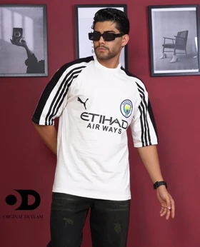 کیت باشگاهی منچستر سیتی رنگ سفید قواره باکسی پارچه نخ پنبه