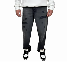 شلوار جین مردانه نیم بگ - رنگ خاکستری امبره زاپ‌دار - با وصله تیره