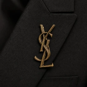 گل سینه مدل آرا طرح لوگو YSL طلایی بافت‌دار