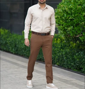 پیراهن آستین بلند کرم استخونی مردانه پارچه ساتن کش شبرو پنبه کپ اسلیم فیت