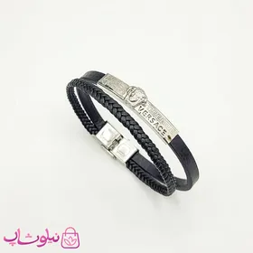 دستبند مردانه چرم و استیل مدل ورساچه مشکی نقره ای