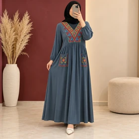 پیراهن گلدوزی سنتی مدل ترنج کد 6088 (آبی دودی)