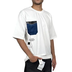 تیشرت آستین کوتاه مردانه سفید با جیب سورمه ای طرح دار