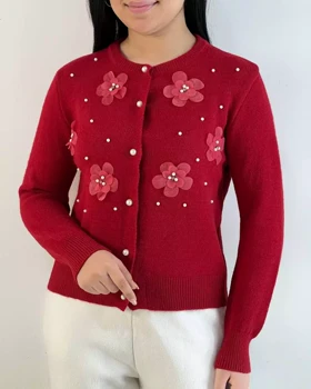 ژاکت بافت گل و مروارید گل برجسته کد 5318