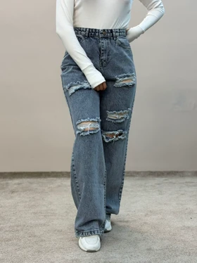 شلوار نیم بگ جین زاپ‌دار آبی ام کی