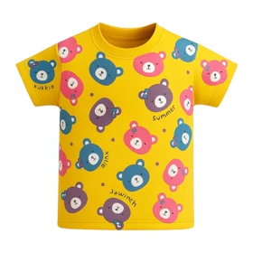 ست تیشرت آستین کوتاه و شلوارک راحتی دخترانه مدل خرس PJ1054 رنگ زرد