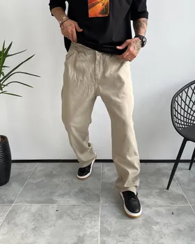 شلوار جین کتان نیم بگ DENIM رنگ کرم