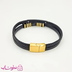دستبند مردانه چرم استیل رولکس مشکی طلایی