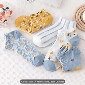 پک 5 جفت جوراب نازک فانتزی گل‌دار زنانه