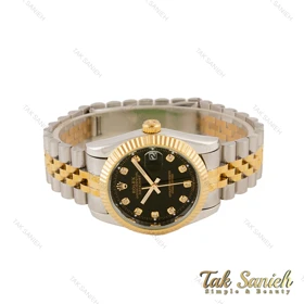 ساعت رولکس دیت جاست مردانه دورنگ طلایی صفحه مشکی Rolex-3634-G