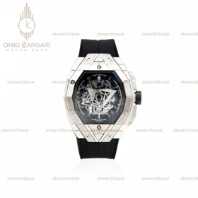 ساعت مچی اوبلو کهکشانی قاب نقره ای بند رابر مشکی Hublot Spirit of Big Bang Sang Bleu