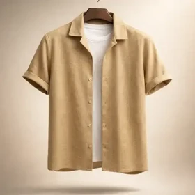 پیراهن یقه انگلیسی پارچه کراش رنگ کرم مدل اسلیم