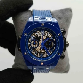 ساعت مچی مردانه هابلوت Hublot سه موتوره کرنوگراف بند رابر با قفل پروانه‌ای و جعبه کادویی