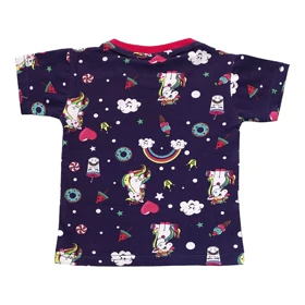 ست تیشرت آستین کوتاه و شلوارک دخترانه مدل اسب تک شاخ PJ1090 رنگ بنفش