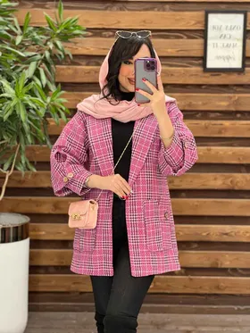 پالتو چهارخونه آستین دکمه چوبی