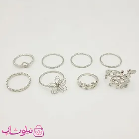 پک انگشتر دخترانه طرح برگ نقره ای 8 عددی